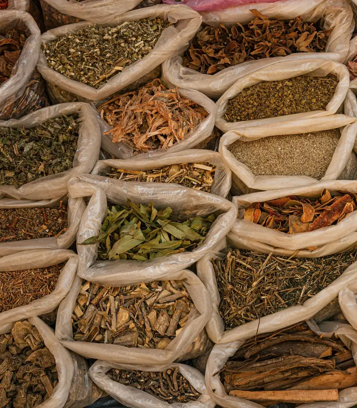 Assorted dried botanicals displayed in open market sacks